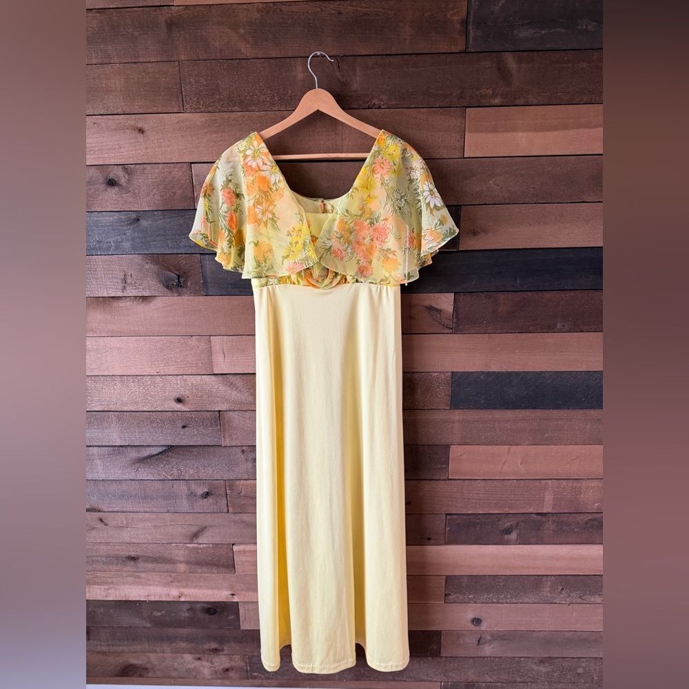 Vintage Yellow Floral Chiffon Maxi Dress 70s Prairie Garden Party - Picture 4 of 14